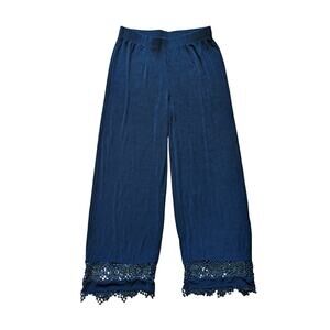 Travelers by Chicos Lace Trim Cropped Pants Womens 1/M Tall Blue Pull On Coastal